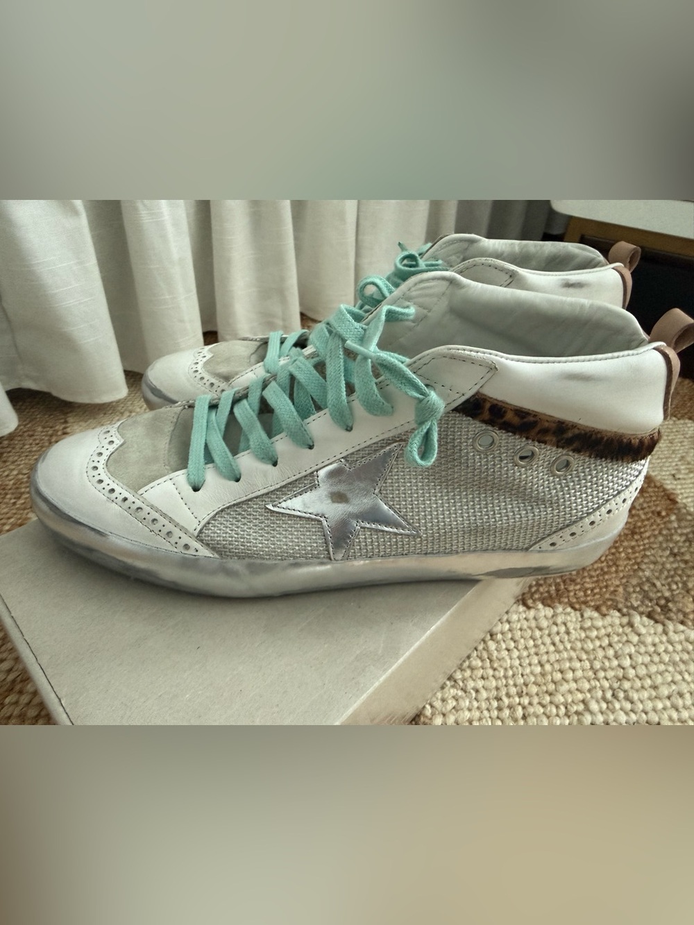 NEW Golden Goose White & Silver High-Top Sneaker with Mint Laces - 40